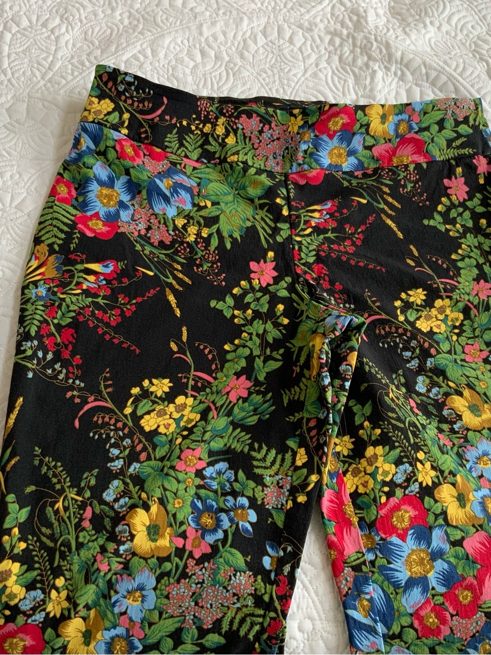 Black Floral Stretch Pants with Multicolor Blooms by Up!
